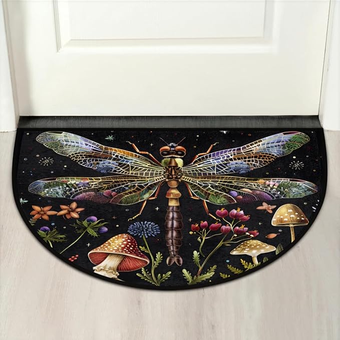 Dragonfly Flower Mushroom Half Round Door Mat, Non-Slip Entrance Welcome Mat for Indoor Semi Circle Bathroom Floor Rugs Outdoor Mats House Entry Way Heavy Duty Doormat for Kitchen Living Room 36x24 In