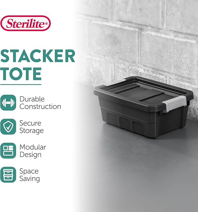 Sterilite Stacker Tote with Latching Lids for Garage, 4 Gallon, 12-Pack | Heavy-Duty and Stackable Plastic Boxes and Containers for Home, Desk, Cabinet, Dorm, Basement, or Utility Organization