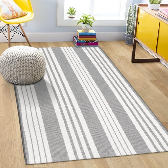 OJIA Entryway Rug 3'x5' Outdoor Rugs Front Door Mat Outside Entrance Decor | Cotton Woven Front Door Mat Outdoor Doormat Machine Washable Grey & White Striped Entry Porch Rugs for Farmhouse/Home Decor