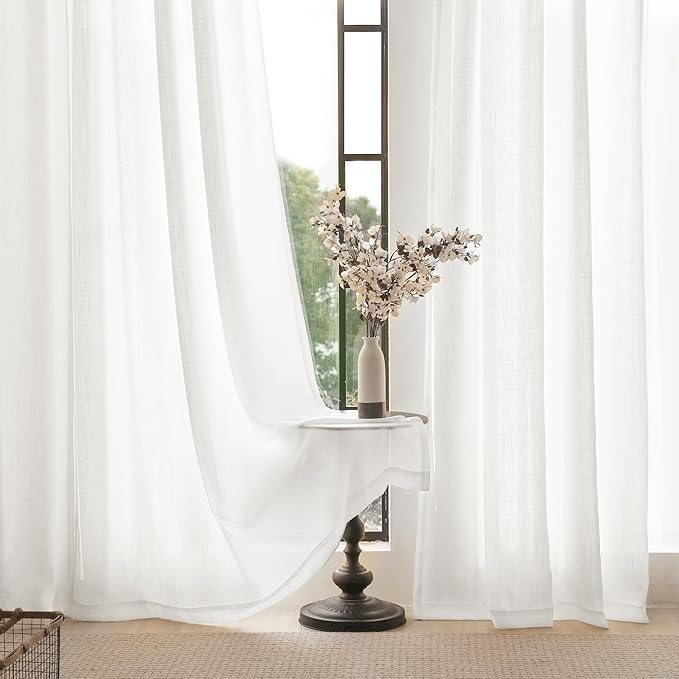 Extra Long White Curtain 120 inches Long 2 Panels Set Back Tab Light Filtering Cotton Textured Curtain Modern Farmhouse Coastal Decor White Linen Drapes 120 inch Length for Large Window 10 FT 60x120