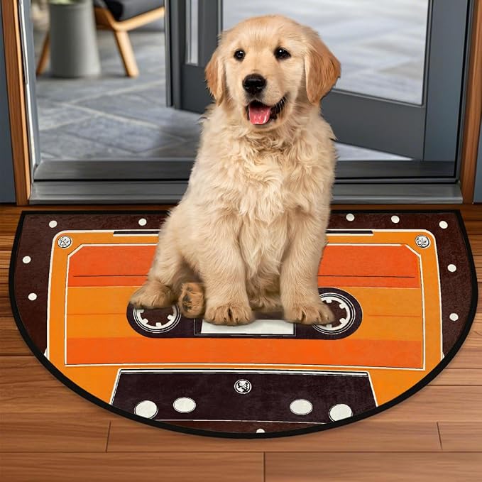 Cassette Half Round Door Mat Semi Circle Rug Half Moon Doormat | Soft Washable Retro Orange Welcome Entrance Mat for Outdoor Indoor Floor Bedroom Bathroom Home Kitchen Festival Decor