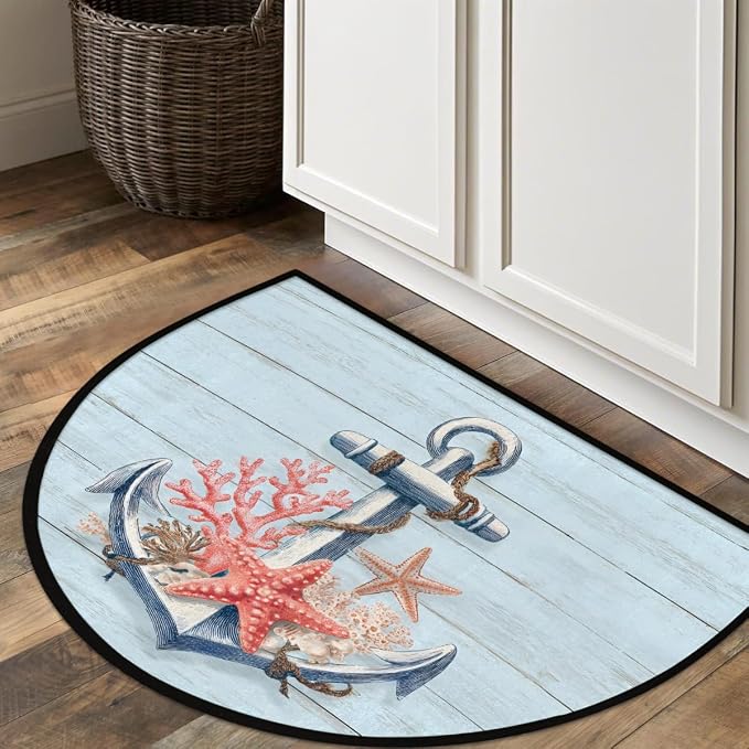 Pardick Half Round Door Mat Woodanchor Starfish Anti-Slip Semi Circle Rug 24X36 Indoor Door Mat Half Moon Bath Mats, Washable Decorative Welcome Floor Mats for Kitchen Bathroom Hearth Fireplace,Q-3