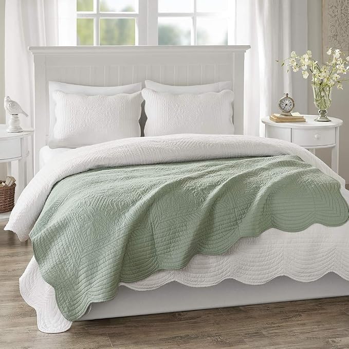 Madison Park Luxe Damask Stitching Throw Blanket, 60"x72" | Cotton Filled Spread, Ultra Soft, Cozy Bedding for Living Room Couch, Sofa, Bed, Scalloped Borders, Seafoam