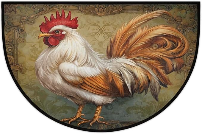 Rooster Flower Ethnic Half Round Door Mat Non-Slip Semi Circle Rug Washable Half Moon Floor Rug Absorbent Bathroom Area Rugs for Outdoor Indoor Fireplace Mat Entryway Kitchen Decor Rugs