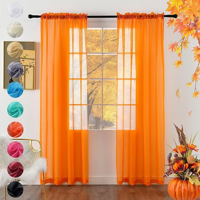 youleyar Solid Sheer Rod Pocket Curtain Voile Draperies 2 Panels Orange Beige Black Grey Coffee 38 Inch Width 54 Inch Long 1 Pair for Kitchen Bedroom Children Living Room Yard(Orange,38Wｘ54L)
