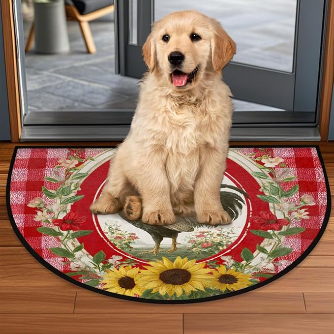 Half Round Door Mat Red Checkered Rooster Half Moon Doormat Absorbent Bedroom Kitchen Floor Mat Non Slip Decoration Semi Circle Entrance Welcome Rug for Indoor Outdoor Patio Fireplace Decor 24"x36"