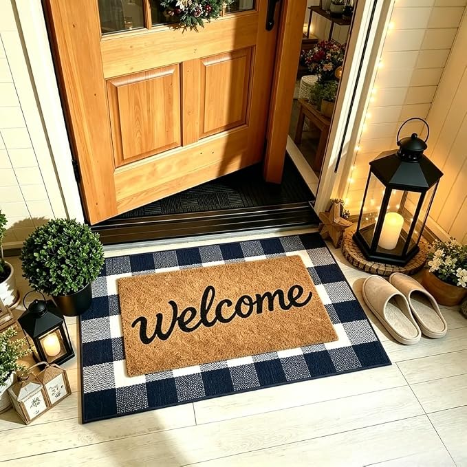 Buffalo Plaid Rug 2'4''x 3'7'' Navy Blue and White Front Door Mat Reversible Layered Porch Rug Washable Hand Woven Cotton Area Rug for Indoor Outdoor Entryway Patio Porch Decor