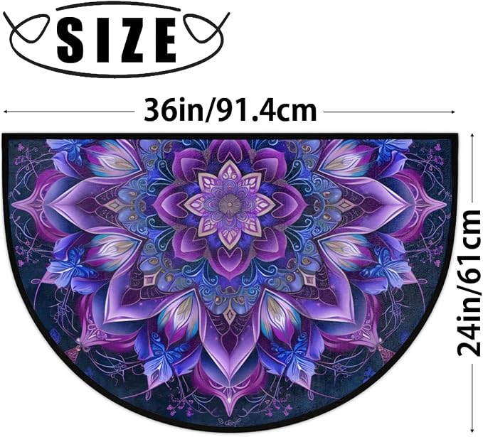 Mandala Purple Half Round Door Mat Semi Moon Rug Fireplace Carpet Area Rugs | Mandala Purple Non Slip Absorbent Half Circle Mat Carpet for Indoor Outdoor Patio Kitchen Bathroom Entryway Home Decor
