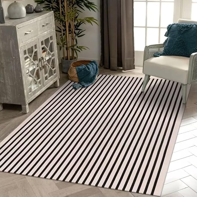 LEEVAN Black and White Striped Patio Outdoor Rug 5x8, Washable Living Room Bedroom Area Rug, Soft Cotton Blend Sturdy Carpet for Kitchen, Dining Room, Playroom, Mudroom, Sunroom