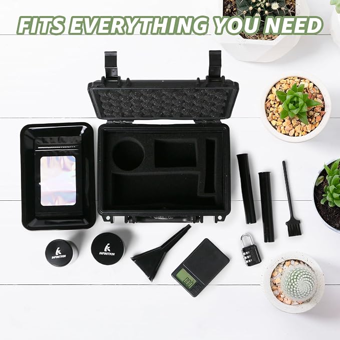 INFINITKIN Smell Proof Box Small Smell Proof Storage Box with Lock | Airtight & waterproof smell proof container with storage jar for home & travel. Includes pocket scale & accessories.