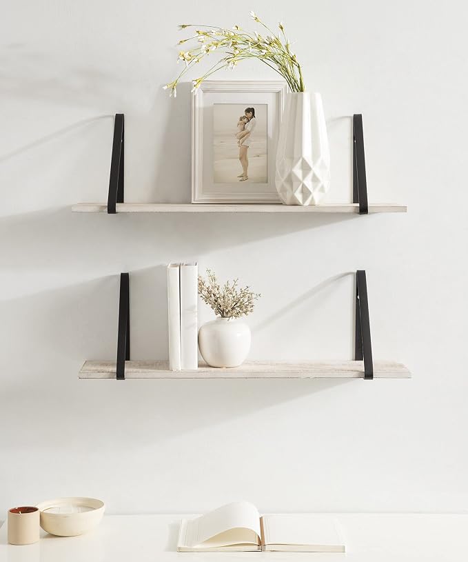 Kate and Laurel Soloman Wooden Floating Wall Shelves; Set of 2; White and Black; Decorative and Functional Floating Shelf for Storage and Display on Wall