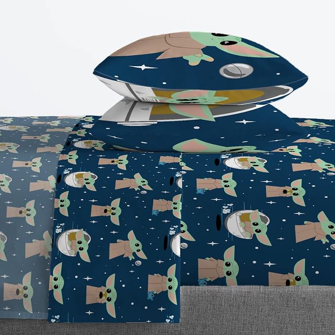 Star Wars Mandalorian Grogu Full Size Comforter Set 7 Piece Bedding, Gray | Baby Yoda, Bed in a Bag, Comforter Sheets Shams Pillowcases, Official Brand, Soft Microfiber, Machine Washable, Kids Gift