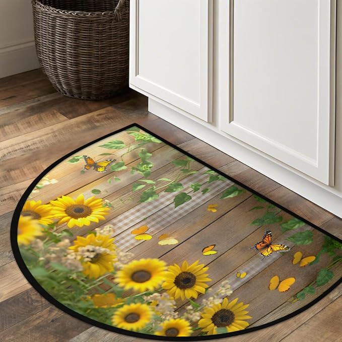 cfpolar Butterfly Sunflower Half Round Door Mat Indoor Entrance Half Circle Area Rug Semi Circular Door Mat Half Moon Rug for Floor Bathroom Living Room Bedroom Kitchen Fireplace 24"x36",A-04
