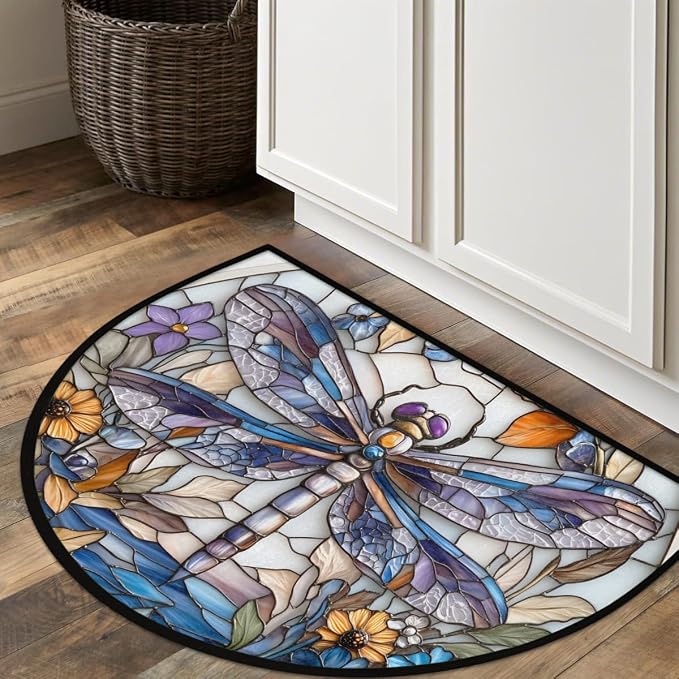Dragonfly Half Round Door Mat Outdoor Doormat Bedroom Entrance Rug A13 | Dragonfly Glass Painting Semi Moon Door Mat Non-Slip Absorbent Kitchen Rug Indoor Welcome Bath Mat 36" X 24"