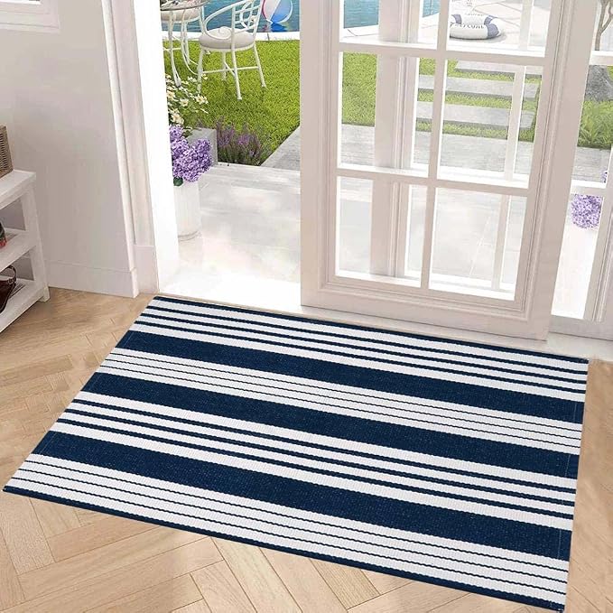 BUAGETUP Blue and White Layered Doormat,27.5x43.3inch Striped Outdoor Rug Hand Woven Cotton Indoor Outdoor Rug for Porch Layered