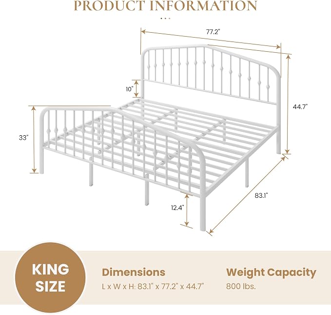 SHA CERLIN King Size Metal Bed Frame with Wrought Iron-Art Headboard, White | Victorian Style Metal Platform Bed Frame, Wrought Iron-Art Headboard and Footboard, Under-Bed Storage, No Box Spring Needed