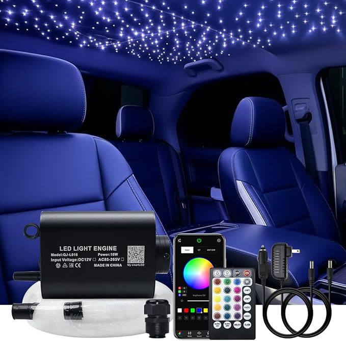AKEPO 16W Starlights Headliner Kit Fiber Optic Star Lights Kit, Mixed Dia. 295pcs(0.75+1+1.5mm) 9.8ft/3m Optical Fiber Strands APP/Remote Control Music Activate Car Home Use Optical Fiber Light Kits