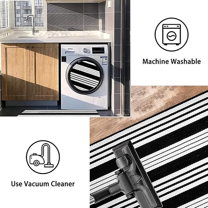BUAGETUP Black and White Layered Doormat,27.5x43.3inch Striped Outdoor Rug Hand Woven Cotton Indoor Outdoor Rug for Porch Layered