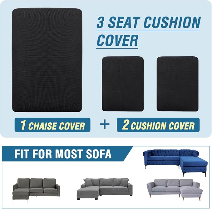H.VERSAILTEX Sectional Couch Covers 3 Pieces Sofa Seat Cushion Covers L Shape Separate Cushion Couch Chaise Cover for Both Left/Right Sectional Couch (Seat Only: 1 Chaise + 2 Sofa, Black)