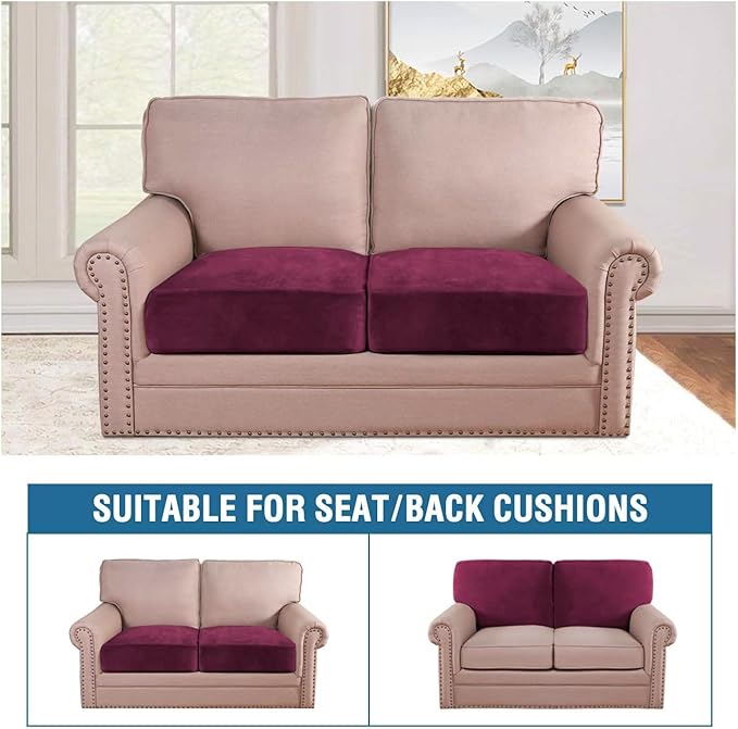H.VERSAILTEX Velvet Stretch Couch Cushion Cover Plush Cushion Slipcover for Chair Loveseat Sofa Cushion Furniture Protector Seat Cushion Sofa Cover (2 Piece Large Sofa Cushion Covers, Burgundy)