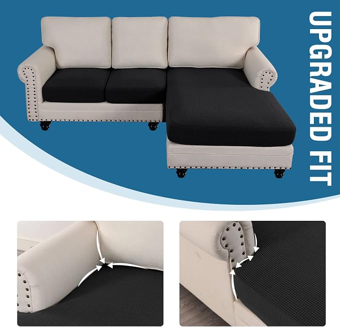 H.VERSAILTEX Sectional Couch Covers 3 Pieces Sofa Seat Cushion Covers L Shape Separate Cushion Couch Chaise Cover for Both Left/Right Sectional Couch (Seat Only: 1 Chaise + 2 Sofa, Black)