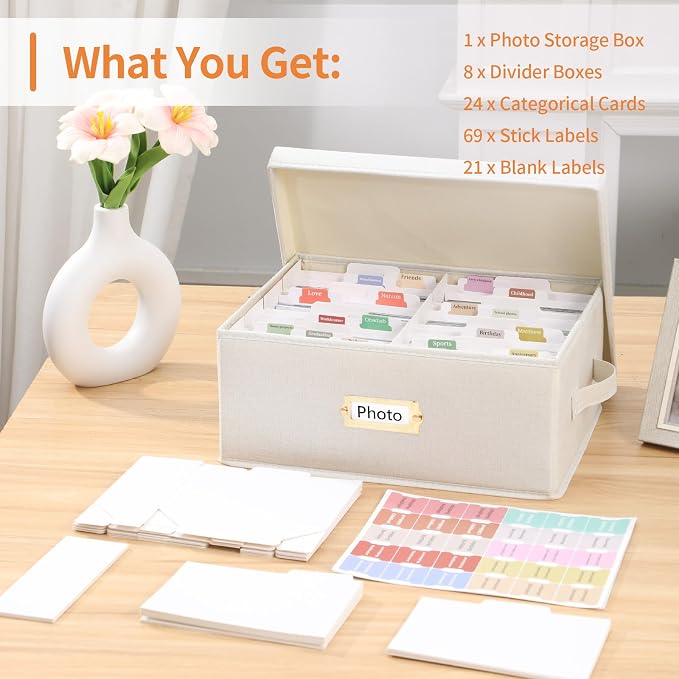 Aokeyee Photo Storage Box Holds 3400+ 4x6 Pictures | Photo Organizer Box | 8 Dividers | 24 Paperboard | with Blank Label