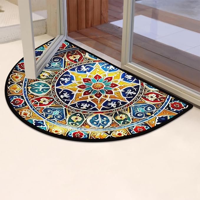Half Round Doormat Mandala Ethnic Boho Washable Semi Circle Mat Non Slip Absorbent Half Moon Rugs for Indoor Outdoor Entrance Kitchen Bathroom Bedroom Patio Fireplace Floor Carpet Decor