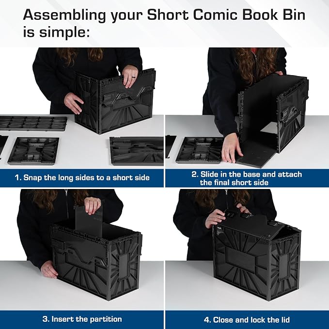 BCW Short Comic Book Bin | Holds 150 Comics | Stackable Plastic Storage | Acid-Free Organizer | Black, 2 Pack | Comic Book Bin
