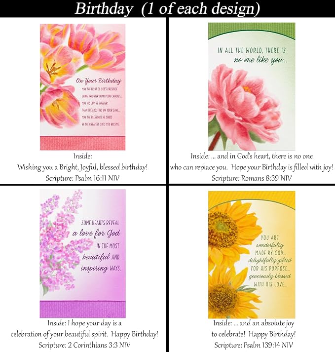Birthday ~ No Repeated Designs~ 32 Cards and Designs ~ Christian/Religious Greeting Card Assortment #2 ~ Scripture in every card ~ Envelopes Included