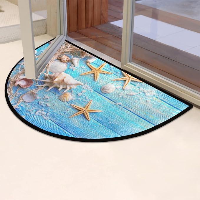 Beach Half Round Doormat Semi Circle Rug Half Moon Rug Entryway Mat | Teal Starfish Washable Non Slip Outdoor Floor Rug Kitchen Mat for Indoor Outdoor Bathroom Fireplace Bath