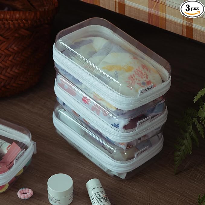CoiiJoii Zippered Pouch Hard, Clear Zippered Hard Pouch, Stackable Storage Bins, Portable Clear Bin Zipper (White, Small)