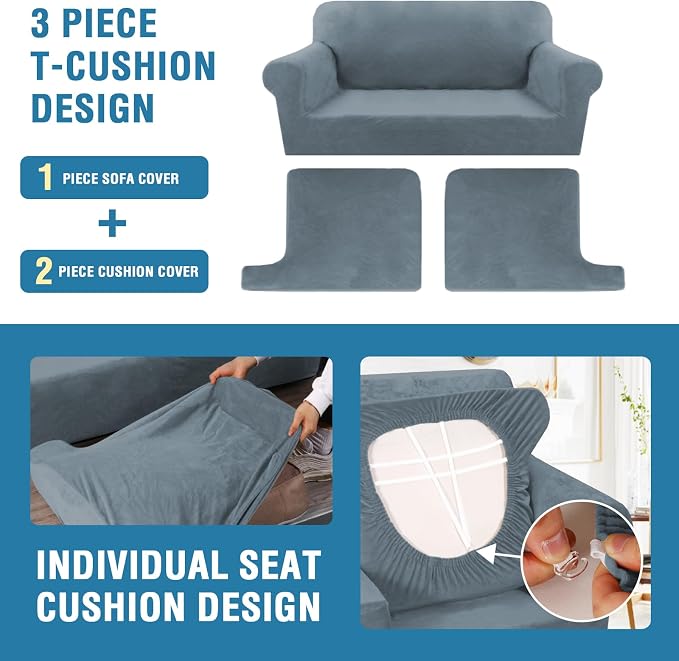 H.VERSAILTEX Sofa Cover 3 Piece T Cushion Loveseat Slipcovers Thick Velvet Couch Cover Stretch T Cushion Sofa Covers for 2 Cushion Couch with 2 Individual T Cushion Covers Washable, Stone Blue