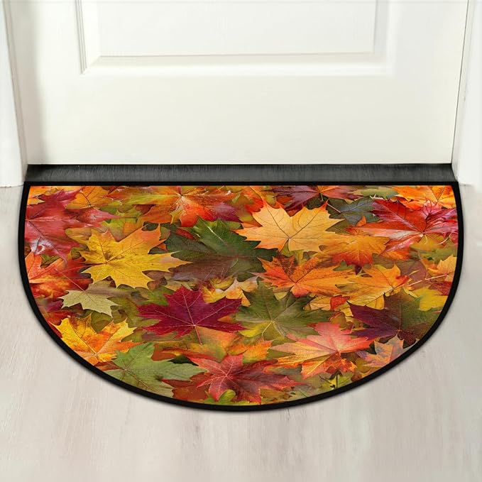 cfpolar Half Round Door Mat Fall Maple Leaves Yellow Non-Slip Semi Circle Area Rug Washable Half Moon Hearth Rugs for Indoor Outdoor Bathroom Kitchen Patio Runner Mat Laundry Room Home Decoration