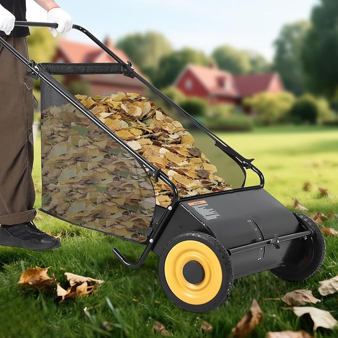 26-Inch Push Lawn Sweeper with 4-Brush System, Heavy-Duty Steel Frame, Height-Adjustable Leaf & Grass Collector, 7 Cu.ft. Mesh Bag, Ideal for Leaves, Grass, Yard & Garden Cleanup