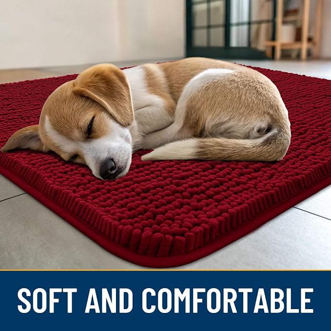Smiry Dog Door Mat for Muddy Paws 30x20, Absorbent Dirt Trapper, Non-Slip Washable Chenille Entryway Rug for Inside Floor, Red, Classic Solid