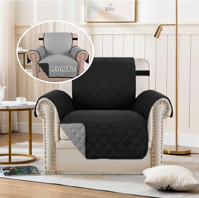 H.VERSAILTEX Reversible Chair Covers Water Repellent Chair Slipcover for Dogs Pets Furniture Protector Cover with Elastic Strap Durable and Washable Seat Width Up to 21"(Armchair, Black/Grey)