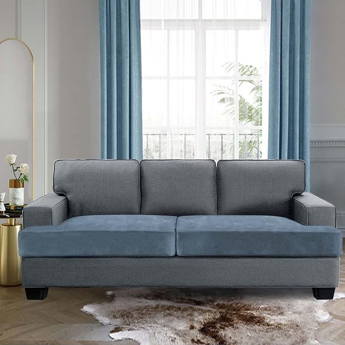 H.VERSAILTEX Stretch Velvet 2 Piece T Cushion Sofa Slipcovers - Individually Fitting Cushion Covers for 2 Couch Seat Cushions - Stay in Place (Stone Blue)