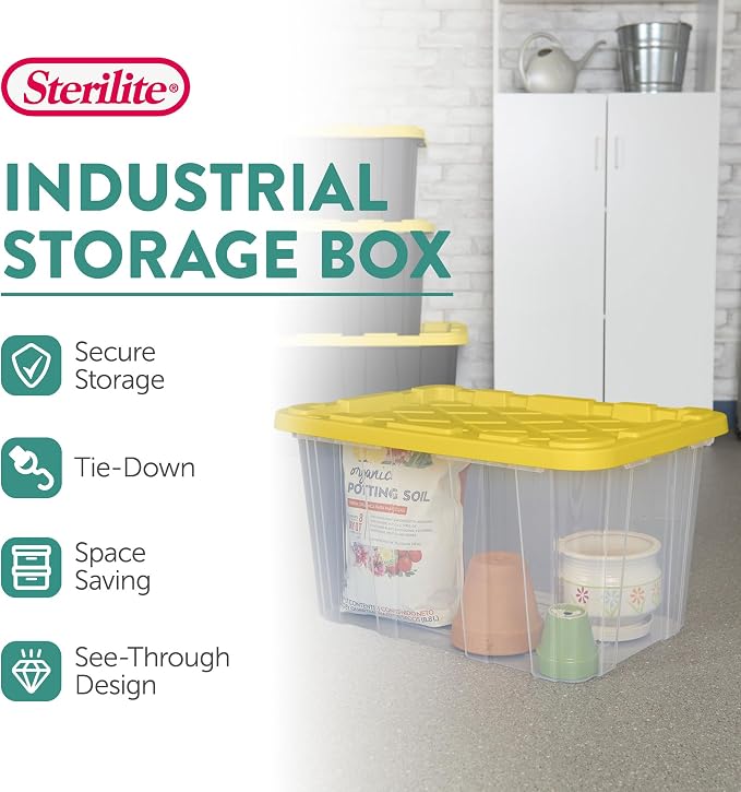 Sterilite Industrial Storage Tote with Lids for Garage, 27 Gallon, 8-Pack | Heavy-Duty and Stackable Utility Box Containers for Home, Office, and Basement Organization, Yellow