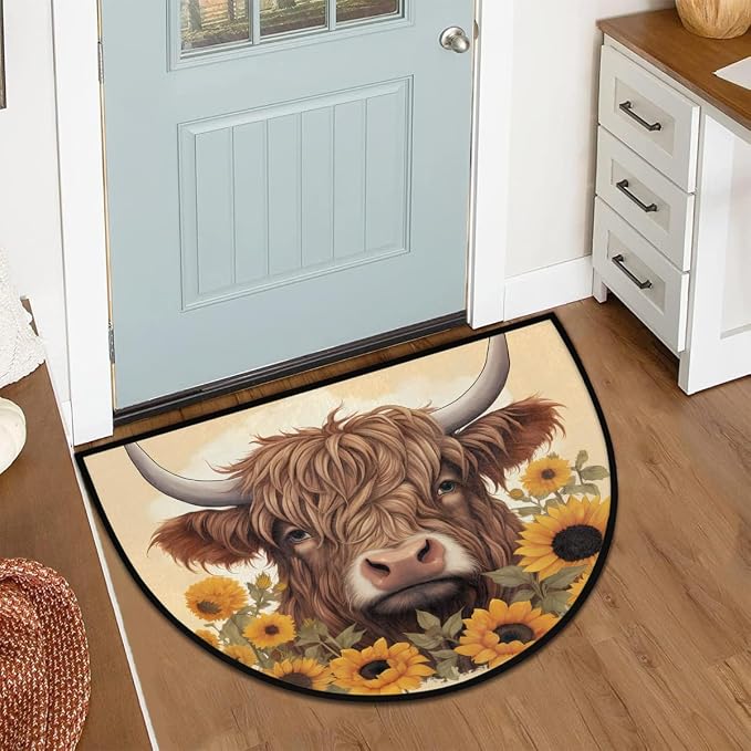 Half Round Door Mat Animal Highland Cow Sunflower Non-Slip Semi Circle Area Rug Washable Half Moon Hearth Rugs for Indoor Outdoor Bathroom Kitchen Patio Runner Mat Laundry Room Home Decoration
