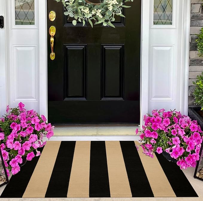 Black and Tan Layered Doormat,2x3 ft Striped Small Outdoor Rug Cotton Woven Washable Farmhouse Layered Door Mats for Entryway/Porch Decor/Kitchen/Home Entrance