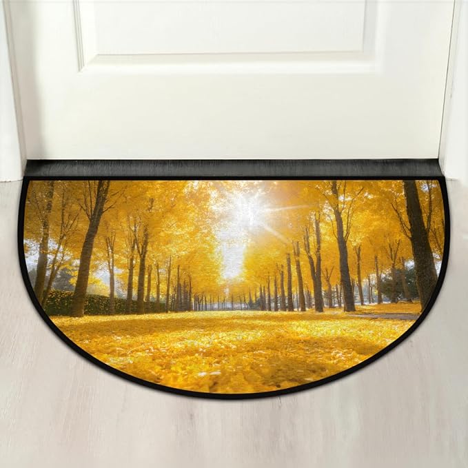 Autumn Half Round Doormat Non-Slip Semi Circle Rug Half Moon Mat | Yellow Tree Washable Soft Absorbent Indoor Outdoor Entrance Kitchen Bathroom Sink Patio Welcome Fireplace Floor Rug