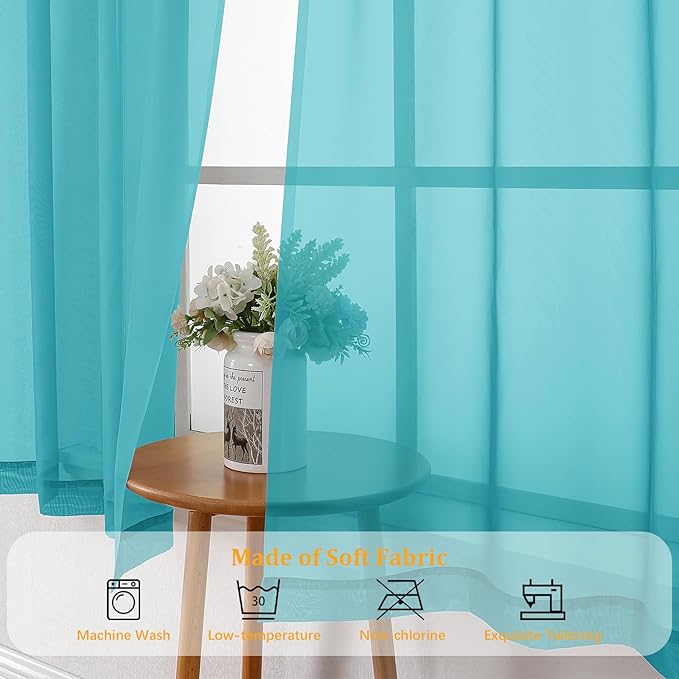 Gwine Turquoise Sheer Curtain Tiers 24 Inch Length, Light Filtering Voile Short - Image 8