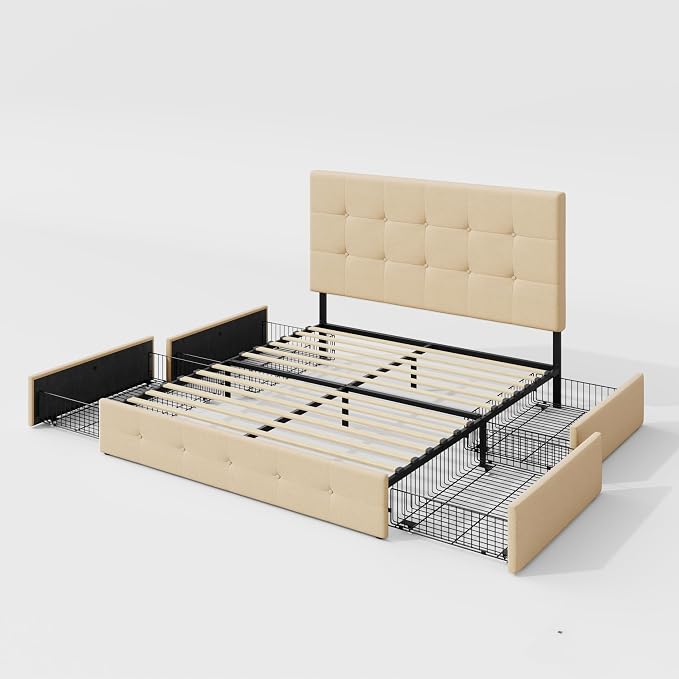 Allewie Upholstered Queen Size Platform Bed Frame with 4 Storage Drawers and Headboard, Square Stitched Button Tufted, Mattress Foundation with Wooden Slats Support, No Box Spring Needed, Beige