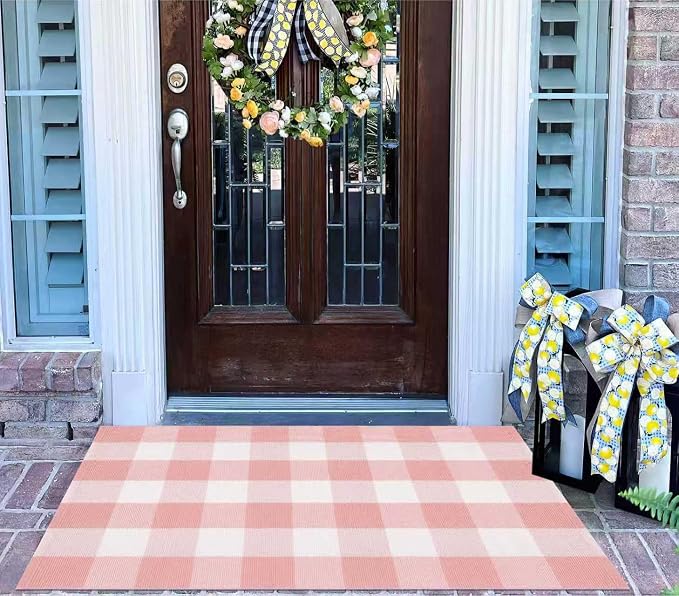 Buffalo Plaid Outdoor Rug 27.5''X 43.3' Pink White Checked Porch Rug Cotton Woven Washable Rug Layering Doormat for Welcome Door Mat Entryway Dining Room Bedroom Living Room
