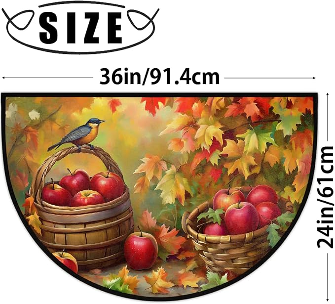 Half Round Door Mat Autumn Fall Apple Animal Half Moon Rug Washable Half Circle Area Rugs Indoor Entrance Non Slip Semi Circle Bathroom Rugs Floor Carpet for Kithen Bedroom Fireplace Decor