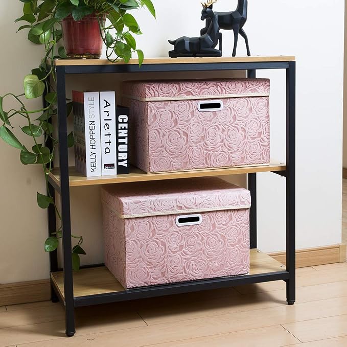 PRANDOM Large Foldable Storage Boxes with Lids [5-Pack] Fabric Decorative Storage Bin Cubes Organizer Containers Baskets with Cover Handles for Bedroom Closet Nursery Pink 17.7x11.8x11.8 Inch