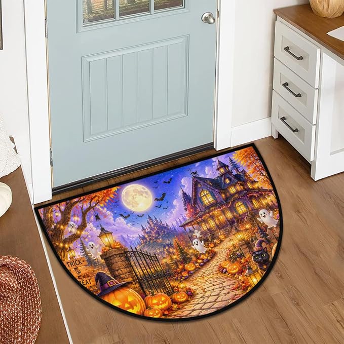 Halloween Half Round Door Mat Welcome Entrance Mat Bath Bathroom Rug B3 | Halloween Ghosts Welcome Entrance Mat Anti-Slip Half Moon Bath Mat Semi Circle Rug Indoor Outdoor Kitchen Rug