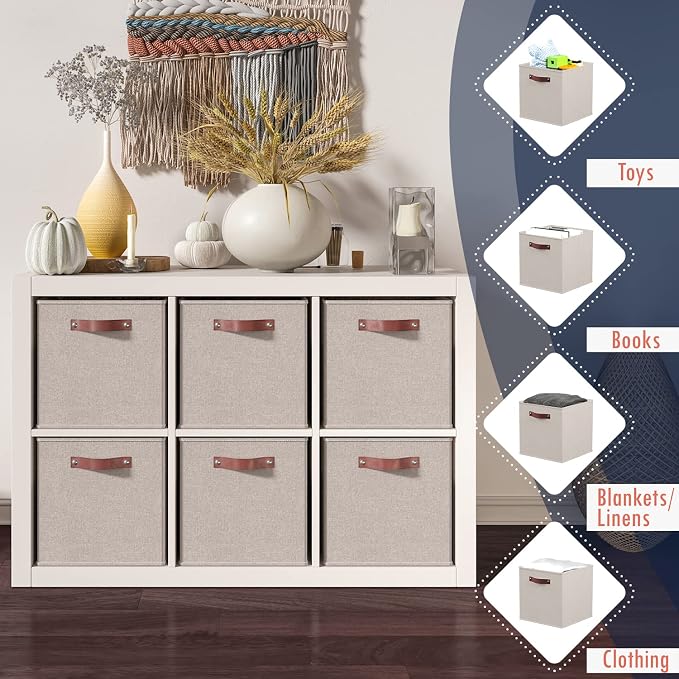 Ornavo Home 13x13 Foldable Fabric Storage Cube Bins, 6 Pack, Beige | Collapsible Linen Shelf Basket Organizer; Leather Handles; Ideal Cube Storage For Closet