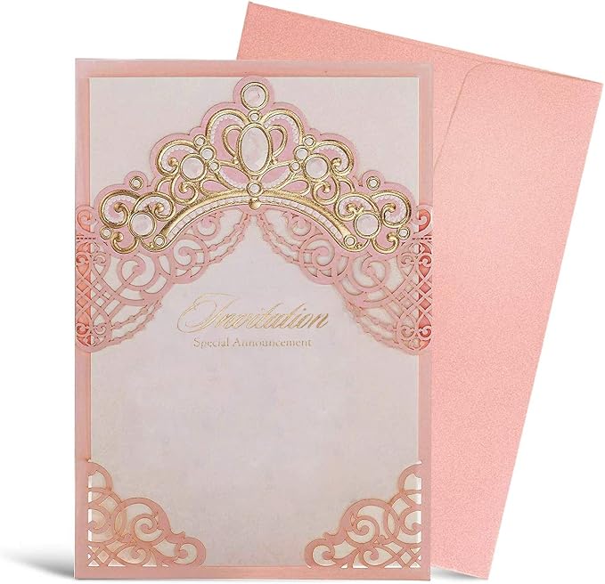 Hosmsua 50PCS Personalized Pink Quinceanera Invitations with Envelopes 5.4x7.3 Inch Laser Cut Floral Gold Crown Pocket Invitation for Quinceanera Birthday Invite