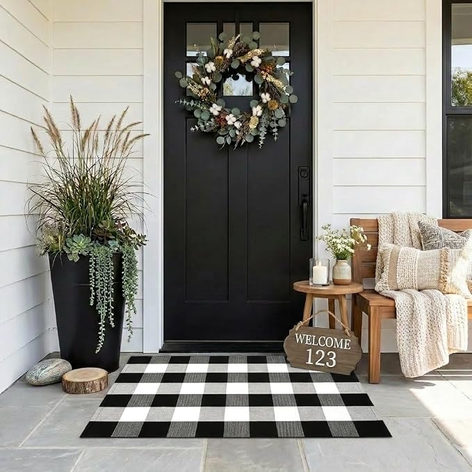 Buffalo Plaid Rug 2'4''x 3'7'' Black and White Front Door Mat Reversible Layered Porch Rug Washable Hand Woven Cotton Area Rug for Indoor Outdoor Entryway Patio Porch Decor